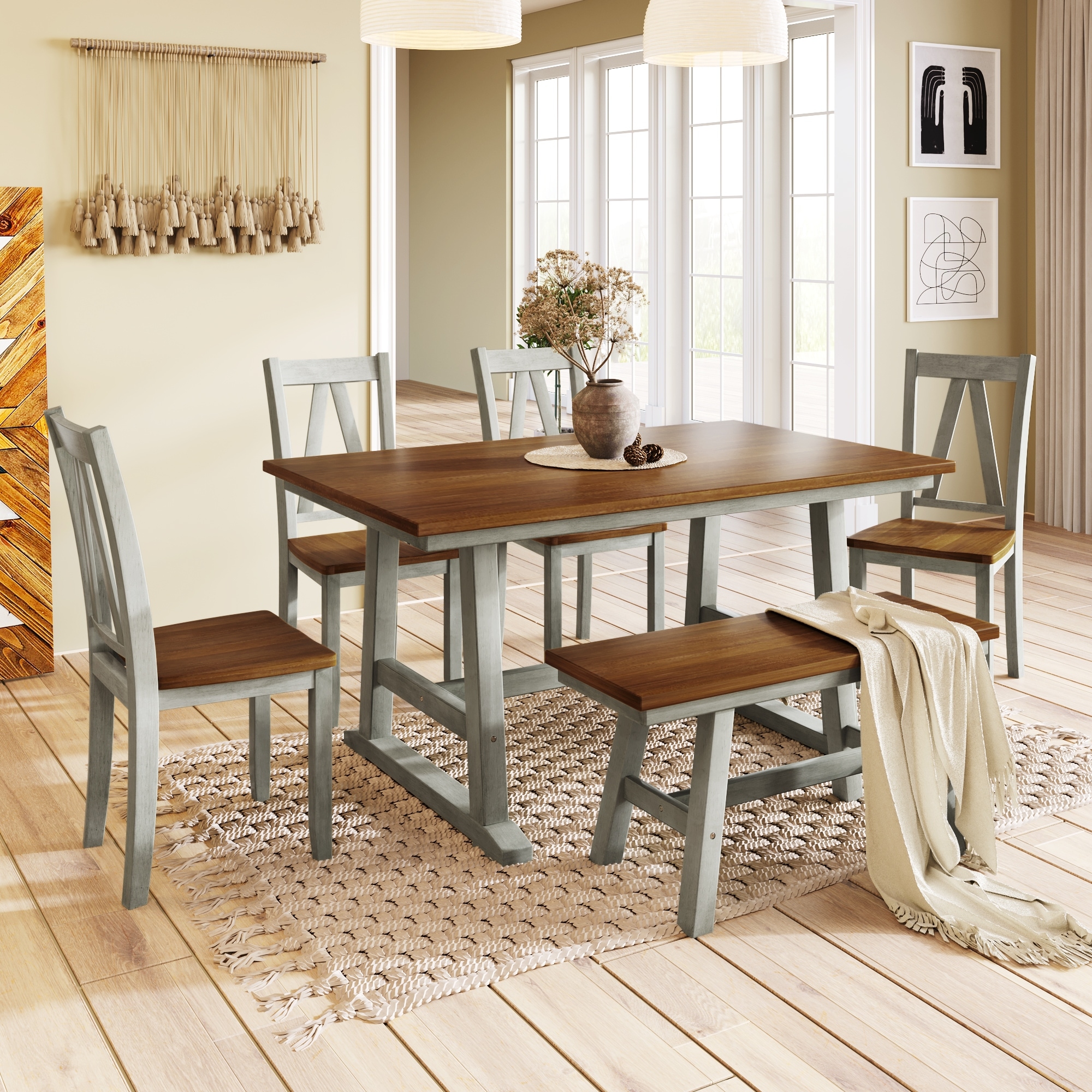 6 Piece Wood Dining Table Set Kitchen Table Set with Long Bench and 4 Dining Chairs Farmhouse Style Walnut Gray